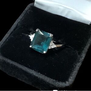 925 Sterling Silver London Blue Gemstone Cubic Zerconia Ring Womans Sz 9.5